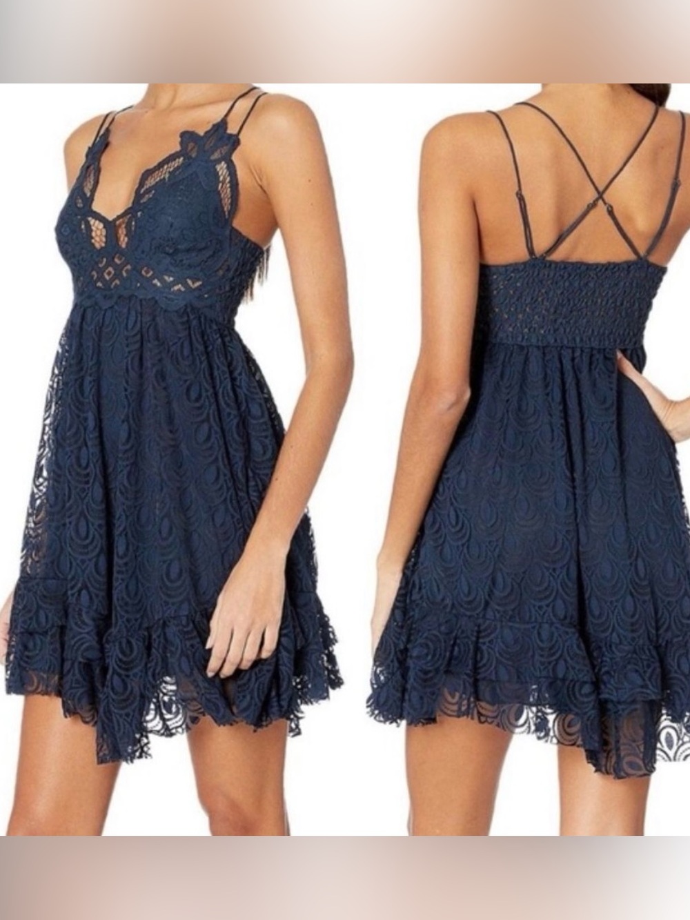 Free People Sleeveless Adella Navy Lace Slip Dress Babydoll Mini Dress